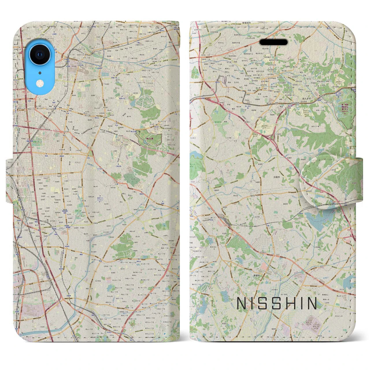 【日進（愛知県）】地図柄iPhoneケース（手帳両面タイプ・ナチュラル）iPhone XR 用
