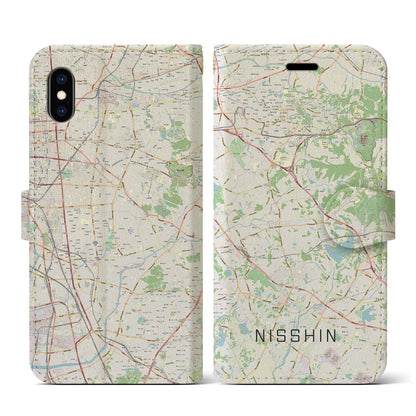 【日進（愛知県）】地図柄iPhoneケース（手帳タイプ）ナチュラル・iPhone XS / X 用