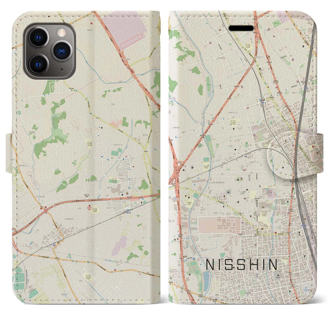 【日進】地図柄iPhoneケース（手帳両面タイプ・ナチュラル）iPhone 11 Pro Max 用