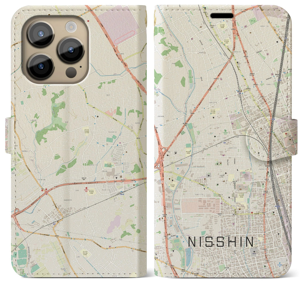 【日進】地図柄iPhoneケース（手帳両面タイプ・ナチュラル）iPhone 14 Pro Max 用