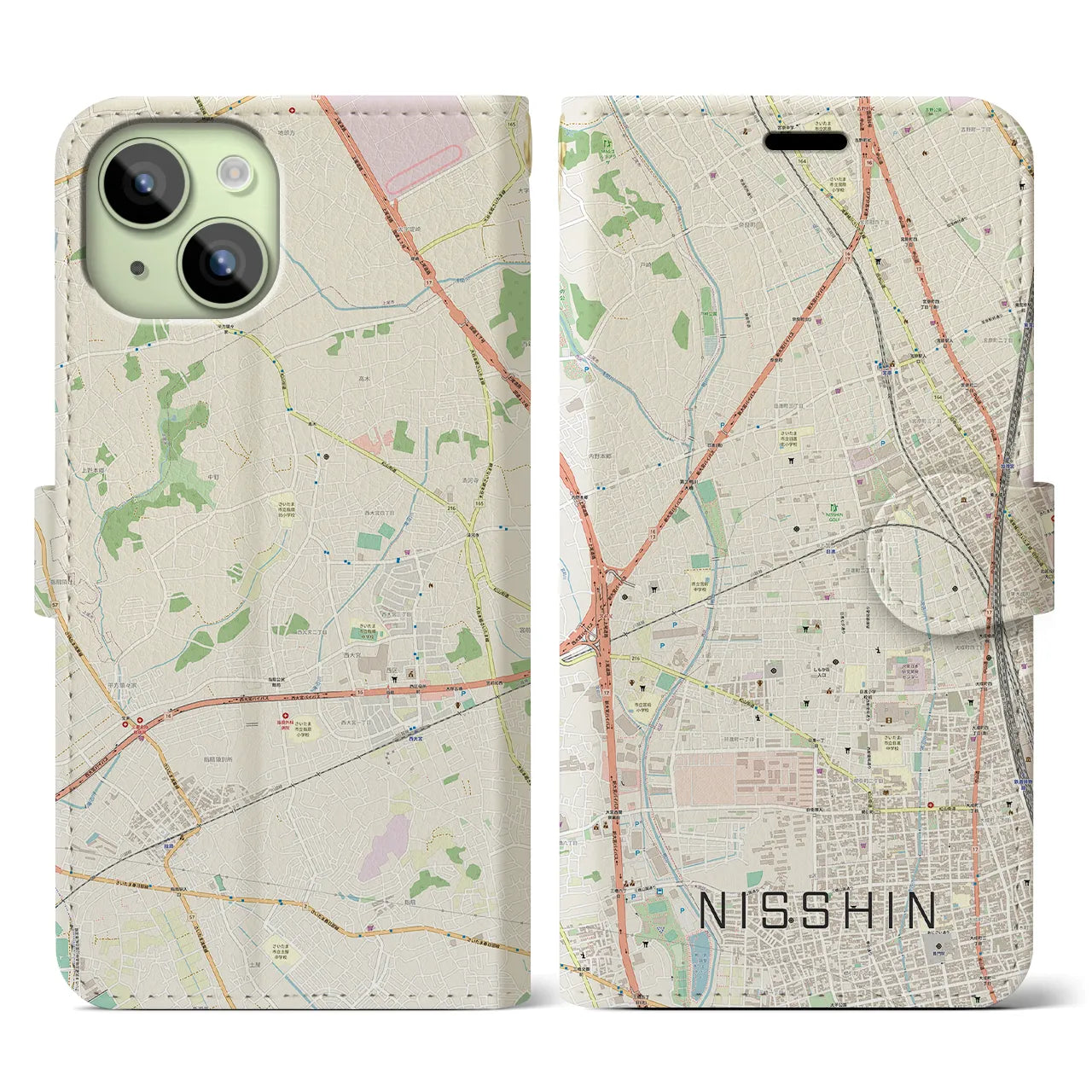 【日進】地図柄iPhoneケース（手帳両面タイプ・ナチュラル）iPhone 15 用