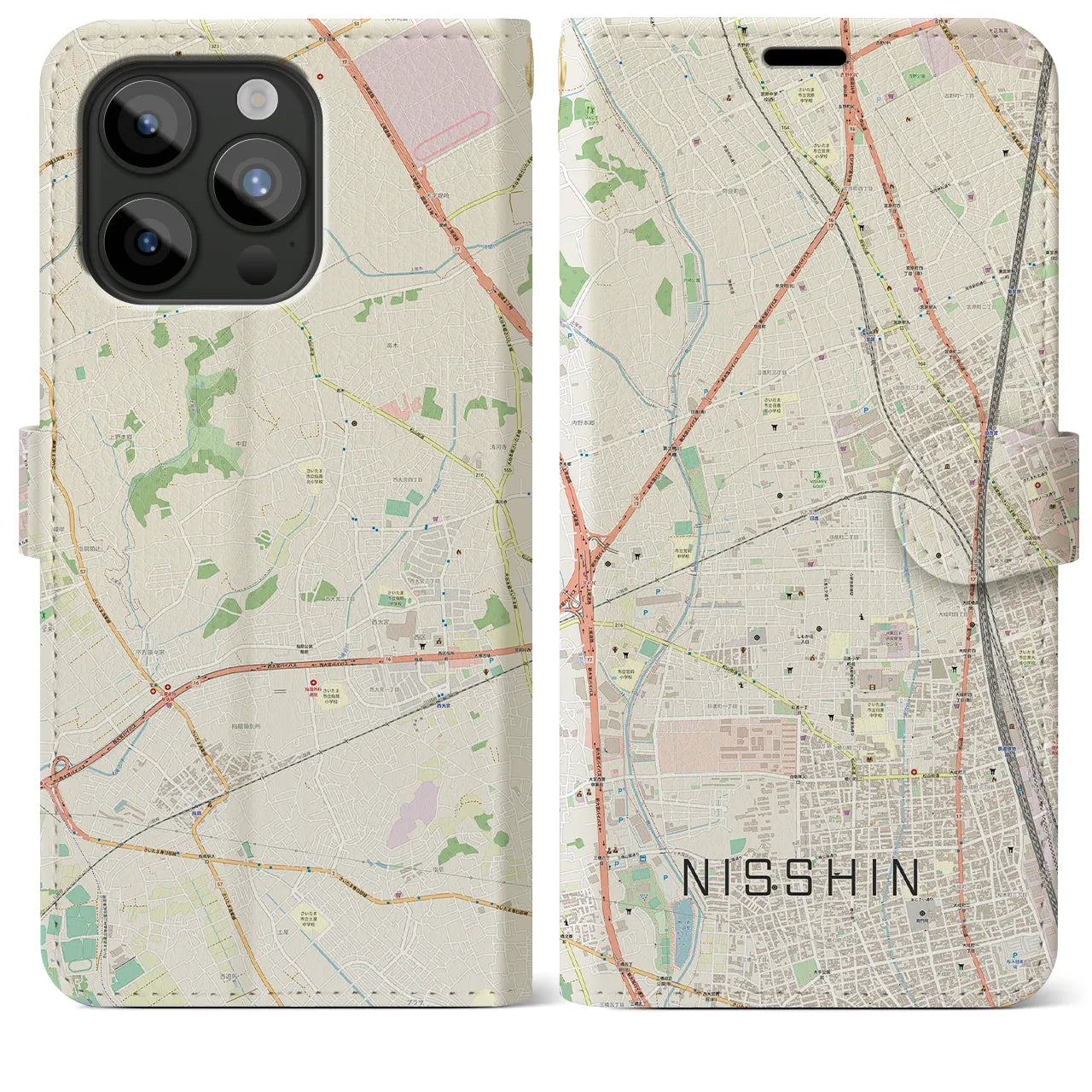 【日進】地図柄iPhoneケース（手帳両面タイプ・ナチュラル）iPhone 15 Pro Max 用