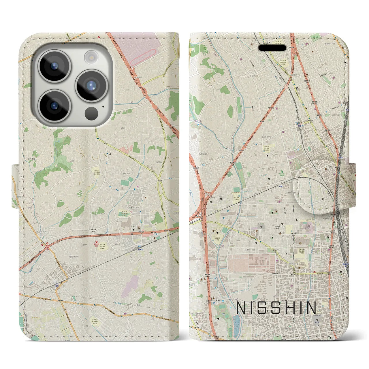 【日進】地図柄iPhoneケース（手帳両面タイプ・ナチュラル）iPhone 15 Pro 用