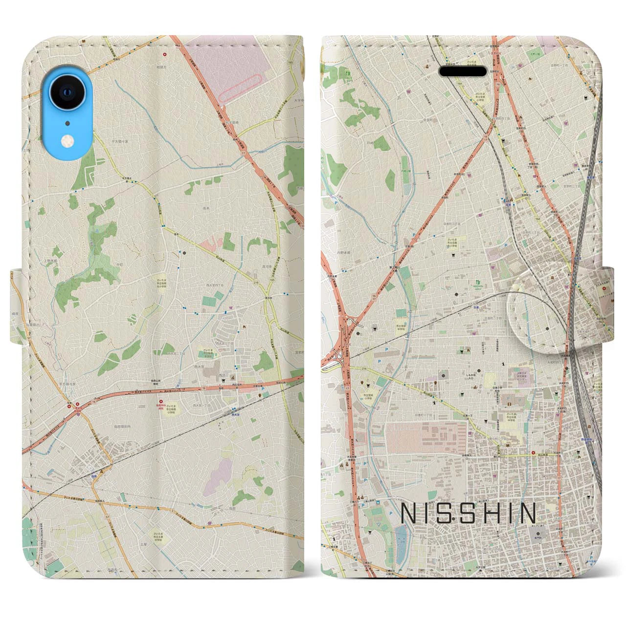 【日進】地図柄iPhoneケース（手帳両面タイプ・ナチュラル）iPhone XR 用