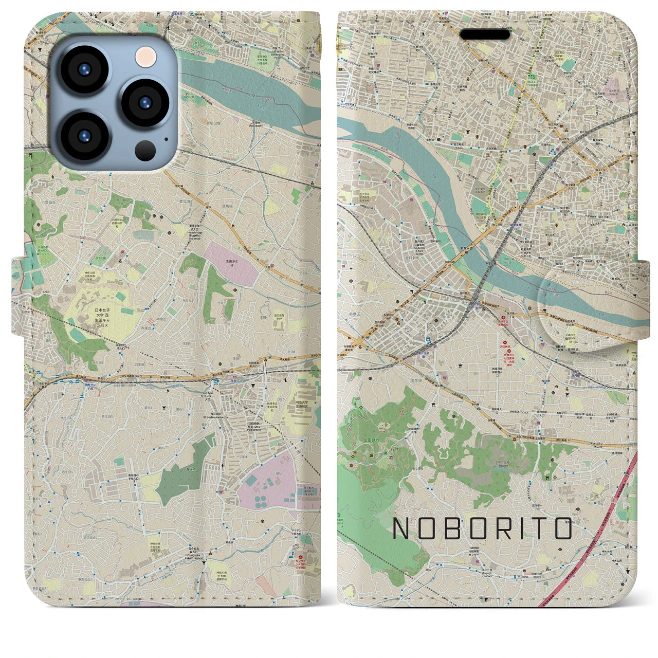 【登戸】地図柄iPhoneケース（手帳両面タイプ・ナチュラル）iPhone 13 Pro Max 用