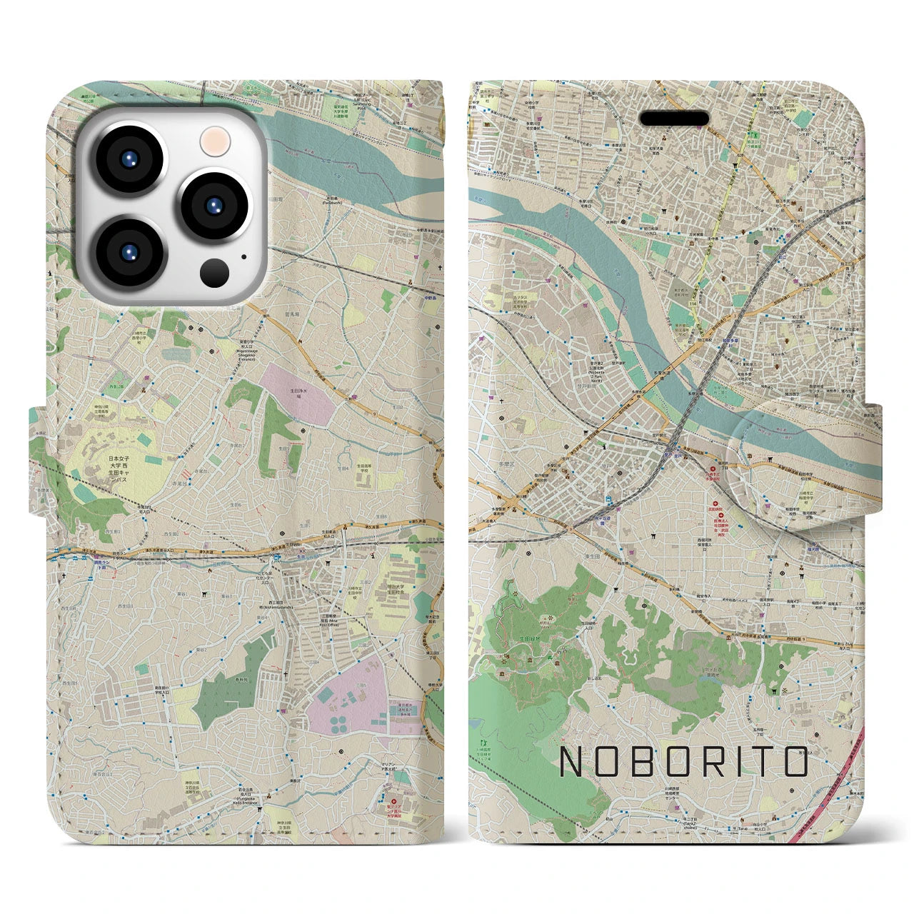 【登戸】地図柄iPhoneケース（手帳両面タイプ・ナチュラル）iPhone 13 Pro 用