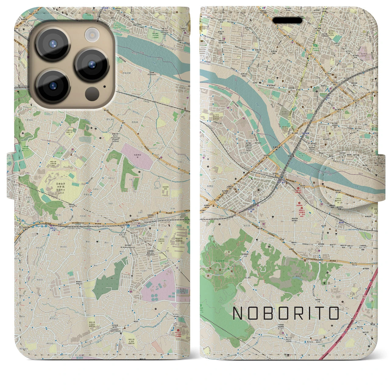 【登戸】地図柄iPhoneケース（手帳両面タイプ・ナチュラル）iPhone 14 Pro Max 用