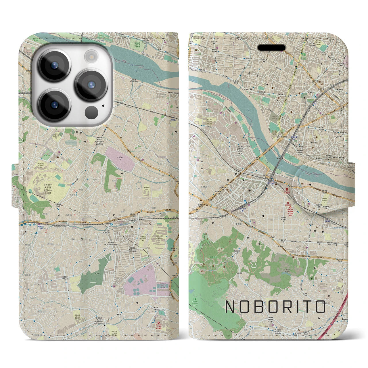 【登戸】地図柄iPhoneケース（手帳両面タイプ・ナチュラル）iPhone 14 Pro 用