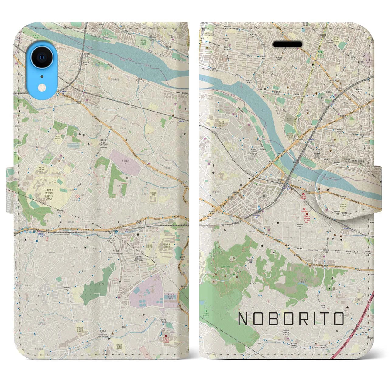 【登戸】地図柄iPhoneケース（手帳両面タイプ・ナチュラル）iPhone XR 用
