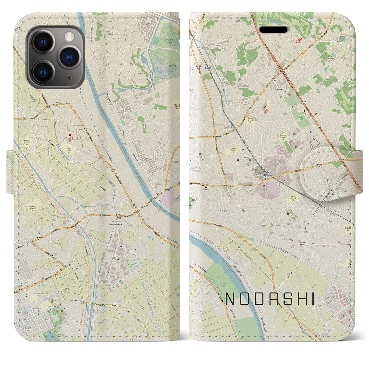 【野田市】地図柄iPhoneケース（手帳両面タイプ・ナチュラル）iPhone 11 Pro Max 用