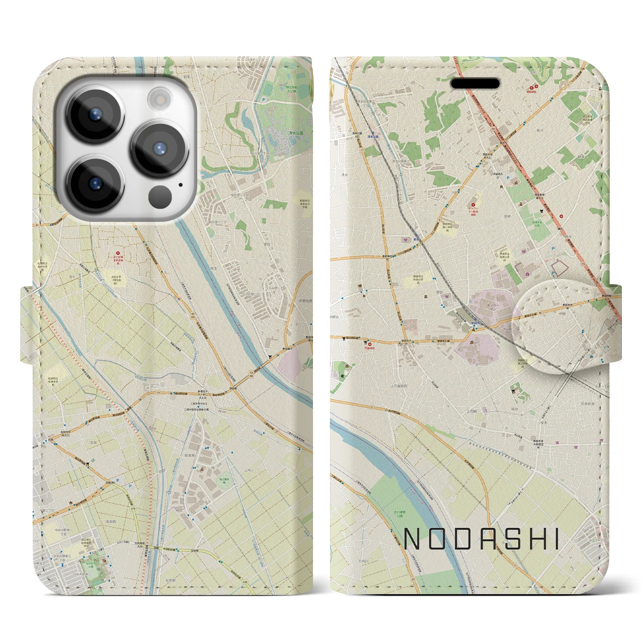 【野田市】地図柄iPhoneケース（手帳両面タイプ・ナチュラル）iPhone 14 Pro 用