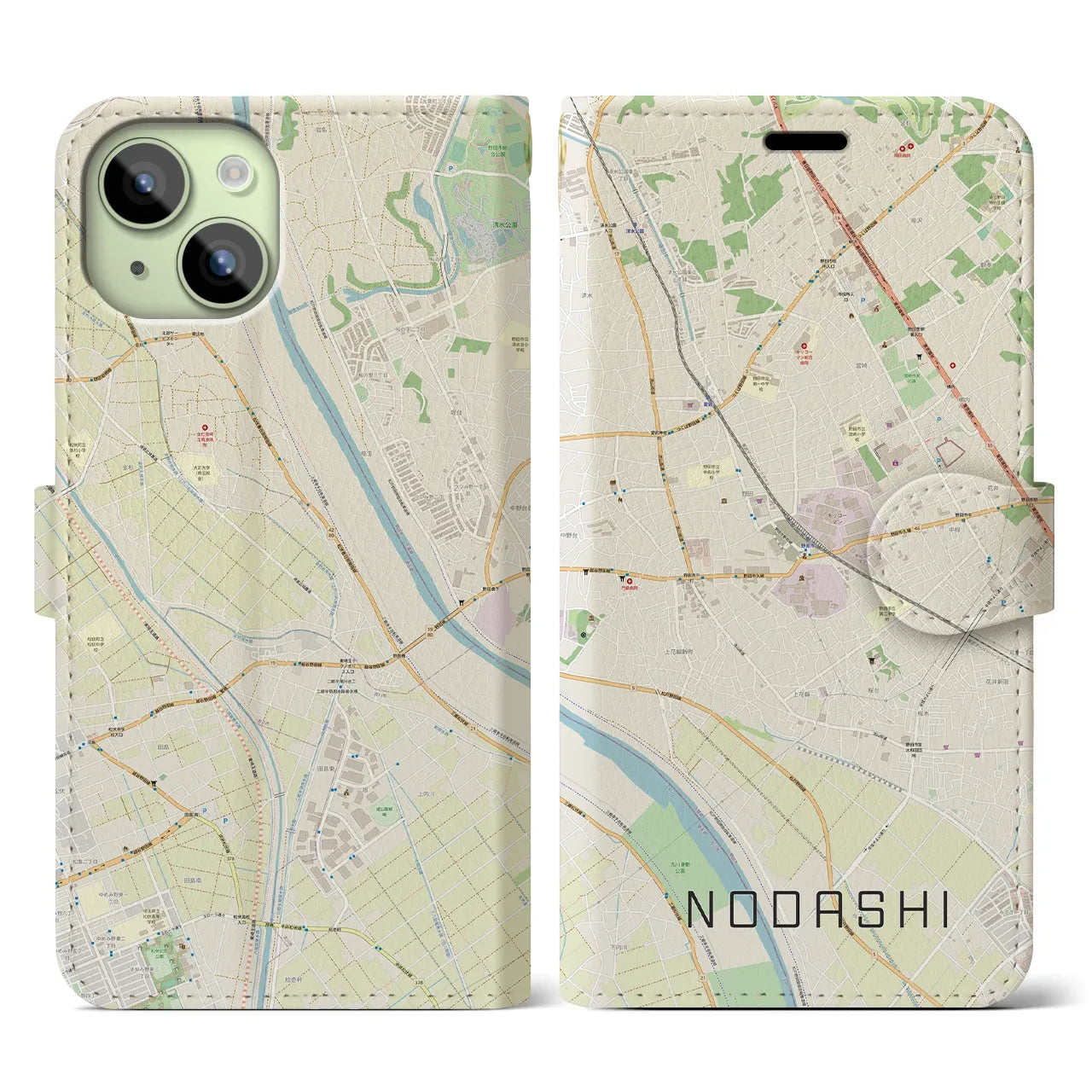 【野田市】地図柄iPhoneケース（手帳両面タイプ・ナチュラル）iPhone 15 用