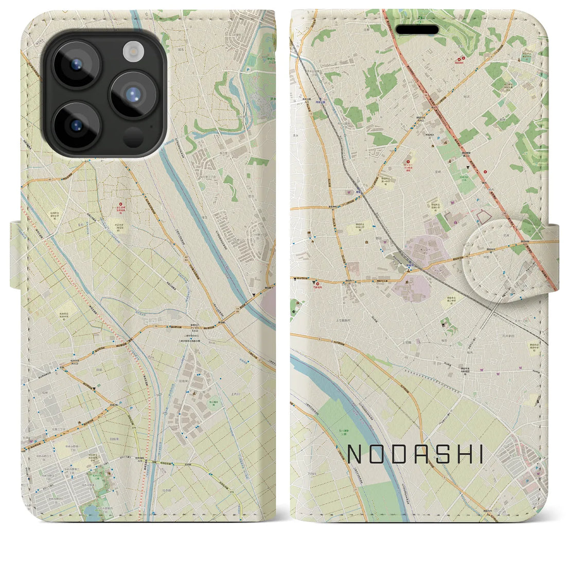 【野田市】地図柄iPhoneケース（手帳両面タイプ・ナチュラル）iPhone 15 Pro Max 用