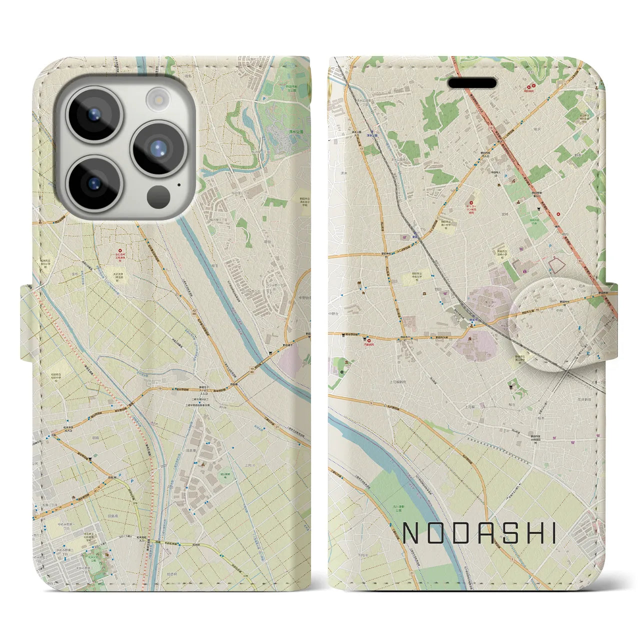 【野田市】地図柄iPhoneケース（手帳両面タイプ・ナチュラル）iPhone 15 Pro 用