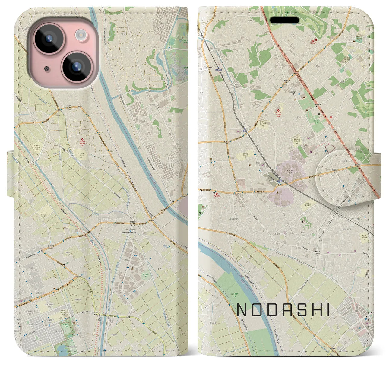【野田市】地図柄iPhoneケース（手帳両面タイプ・ナチュラル）iPhone 15 Plus 用