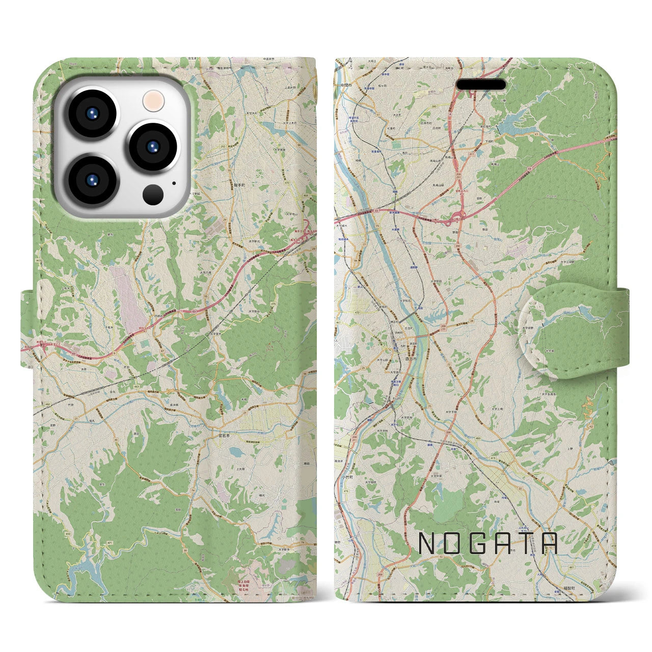 【直方】地図柄iPhoneケース（手帳両面タイプ・ナチュラル）iPhone 13 Pro 用