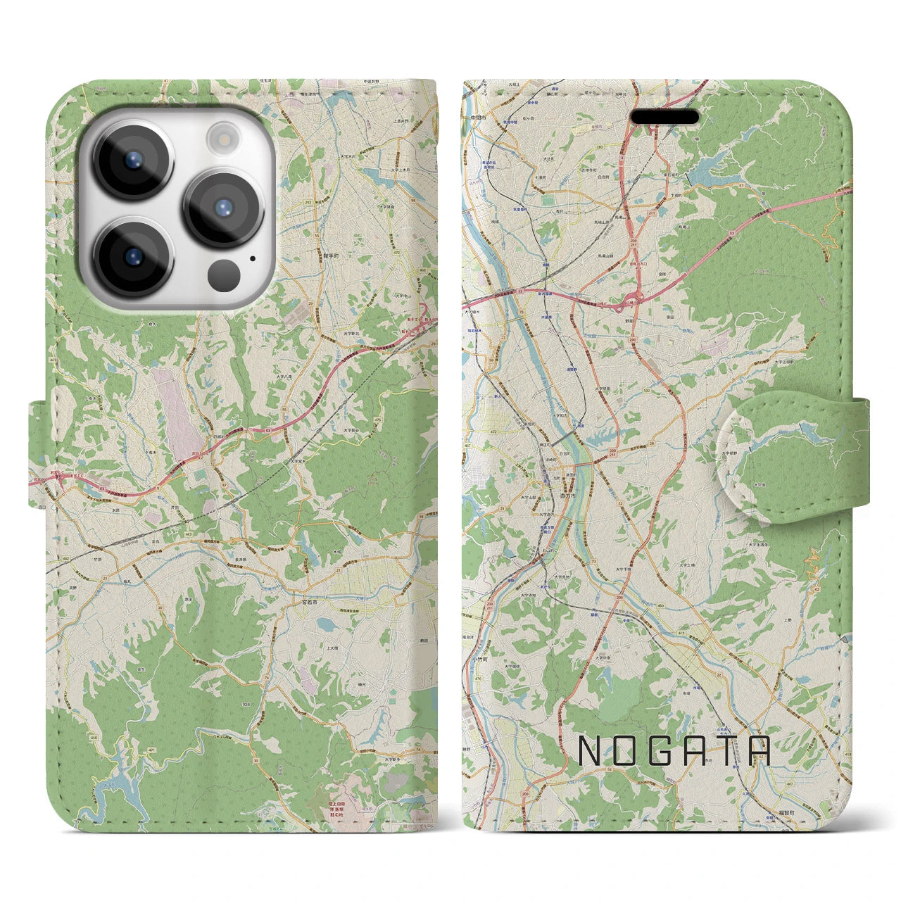 【直方】地図柄iPhoneケース（手帳両面タイプ・ナチュラル）iPhone 14 Pro 用