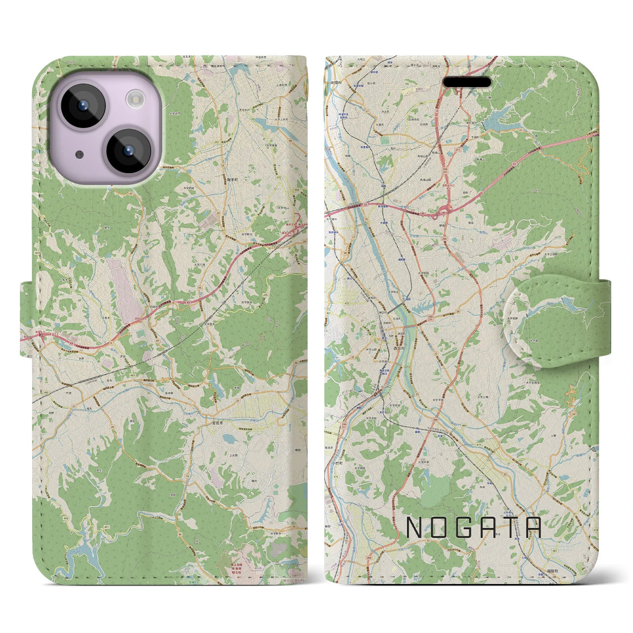 【直方】地図柄iPhoneケース（手帳両面タイプ・ナチュラル）iPhone 14 用