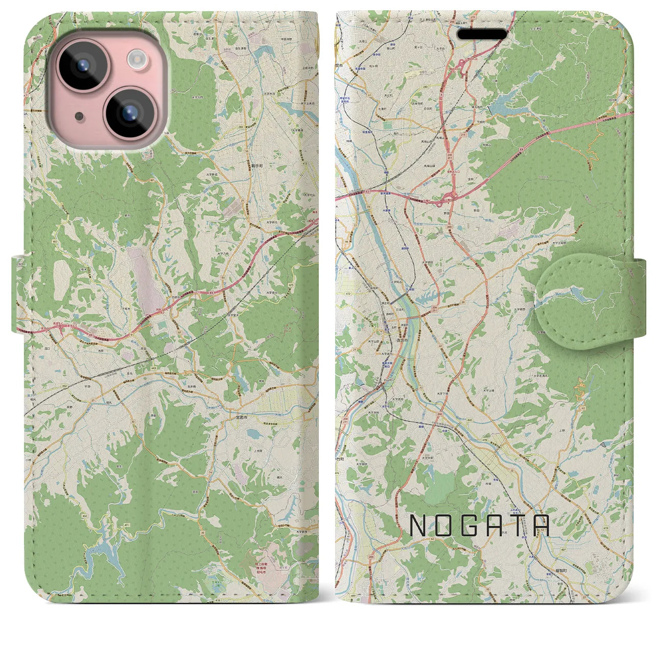 【直方】地図柄iPhoneケース（手帳両面タイプ・ナチュラル）iPhone 15 Plus 用
