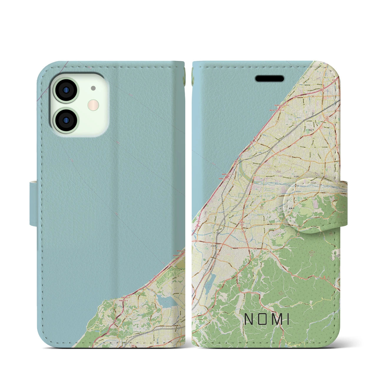 【能美（石川県）】地図柄iPhoneケース（手帳タイプ）ナチュラル・iPhone 12 mini 用