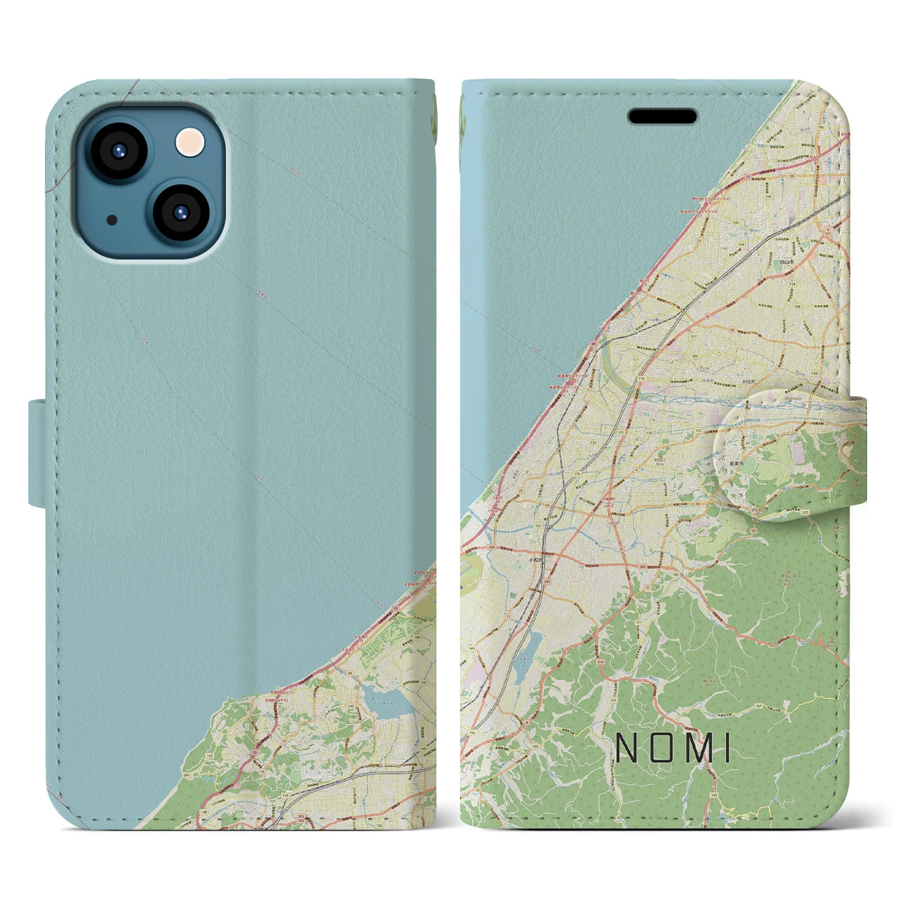 【能美（石川県）】地図柄iPhoneケース（手帳タイプ）ナチュラル・iPhone 13 用