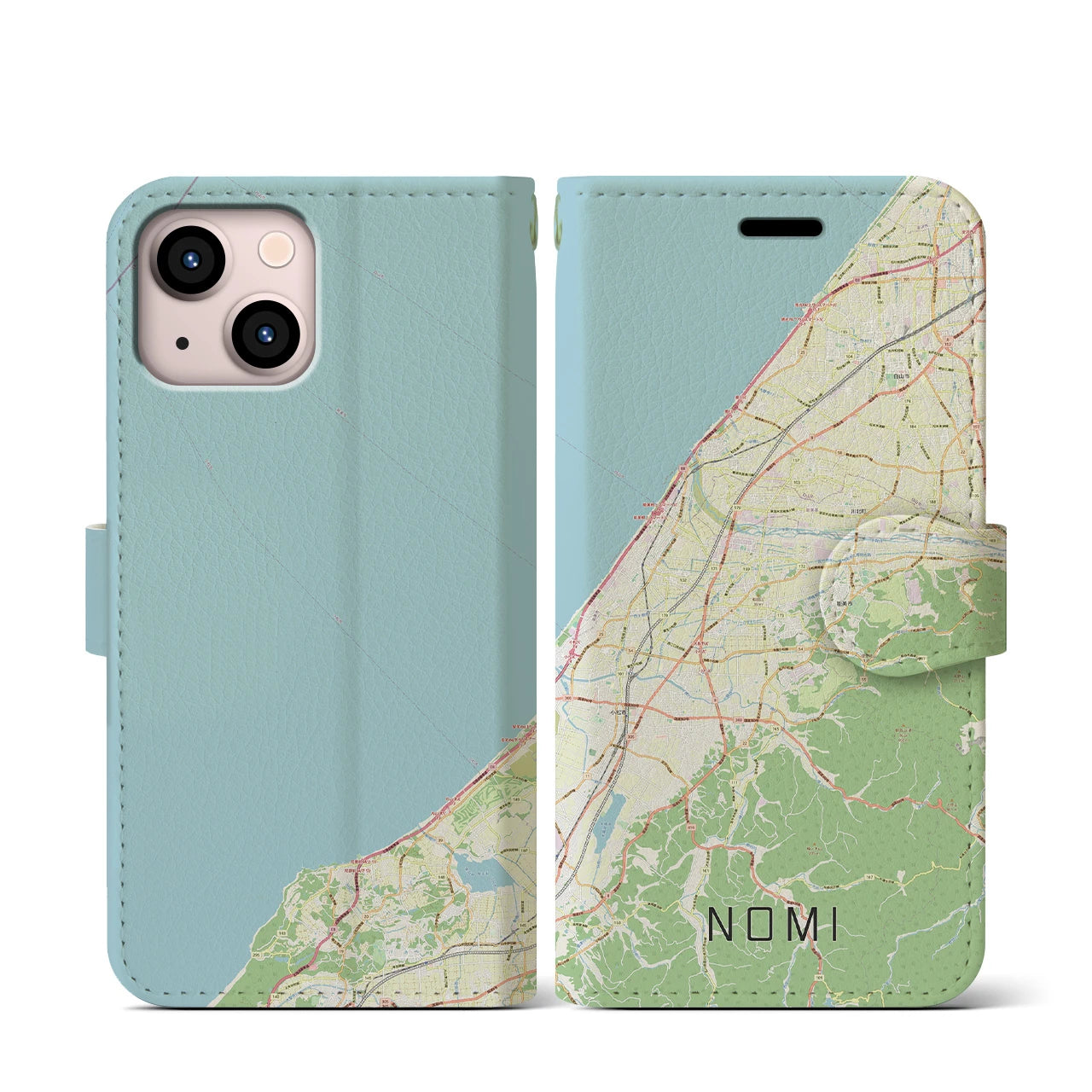 【能美（石川県）】地図柄iPhoneケース（手帳タイプ）ナチュラル・iPhone 13 mini 用