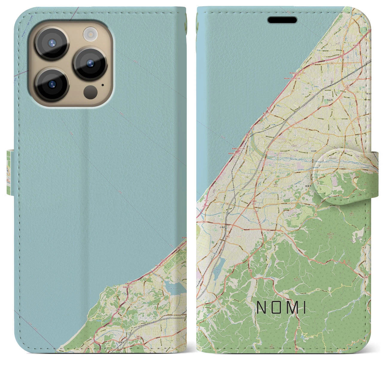 【能美（石川県）】地図柄iPhoneケース（手帳タイプ）ナチュラル・iPhone 14 Pro Max 用
