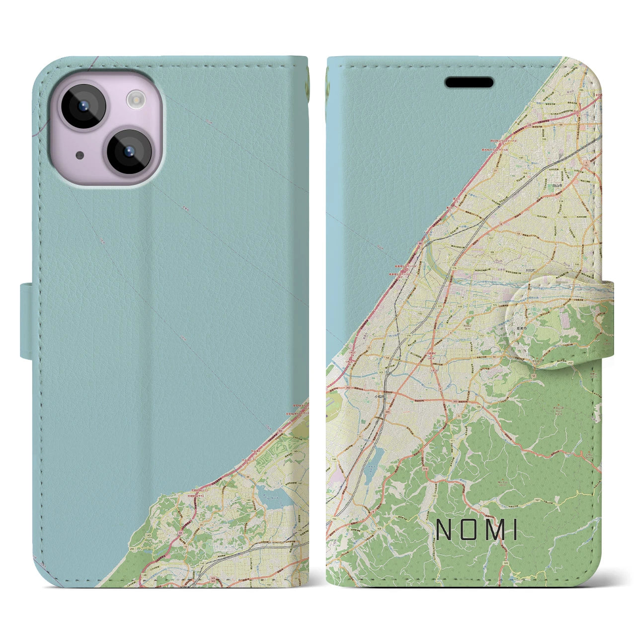【能美（石川県）】地図柄iPhoneケース（手帳タイプ）ナチュラル・iPhone 14 用