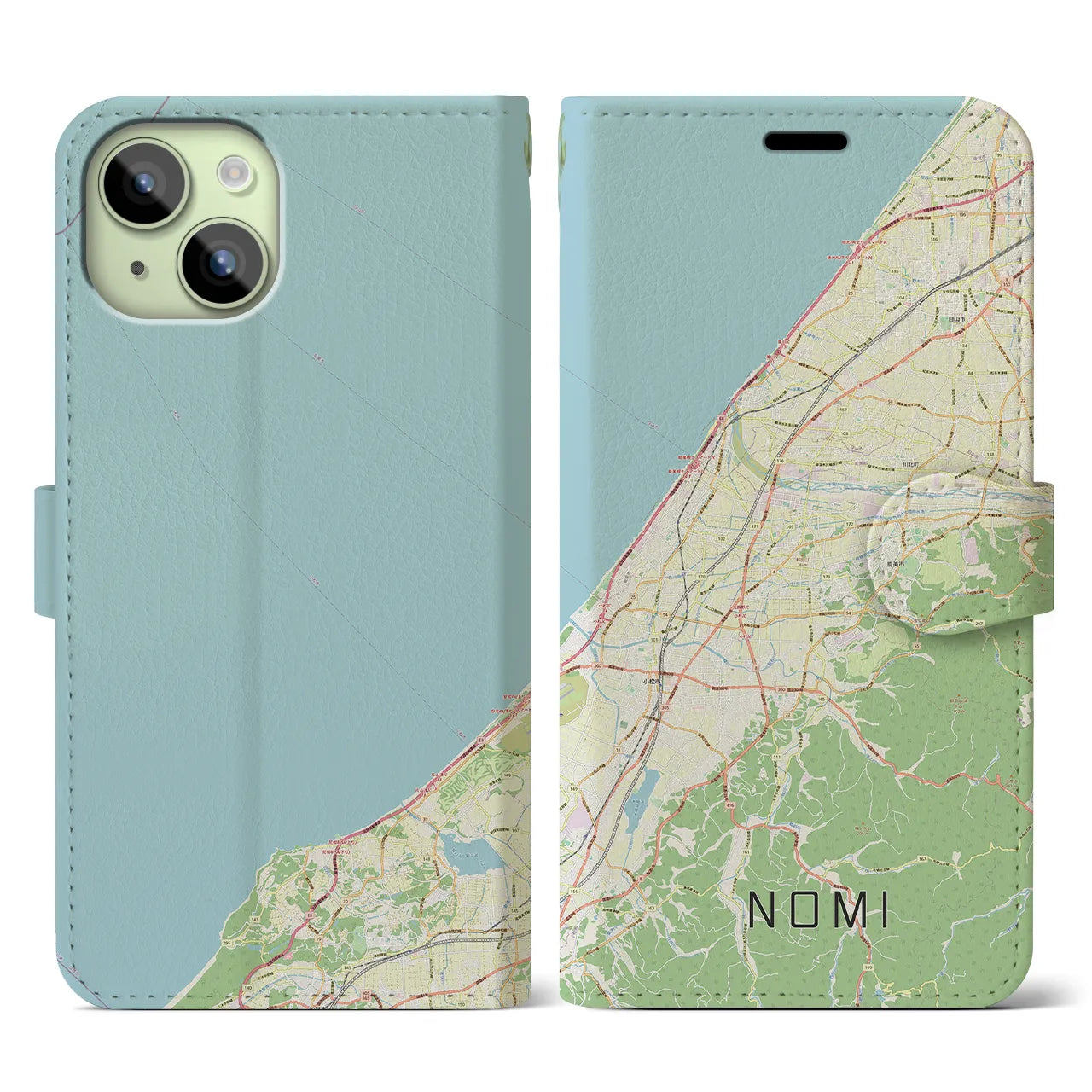 【能美（石川県）】地図柄iPhoneケース（手帳タイプ）ナチュラル・iPhone 15 用