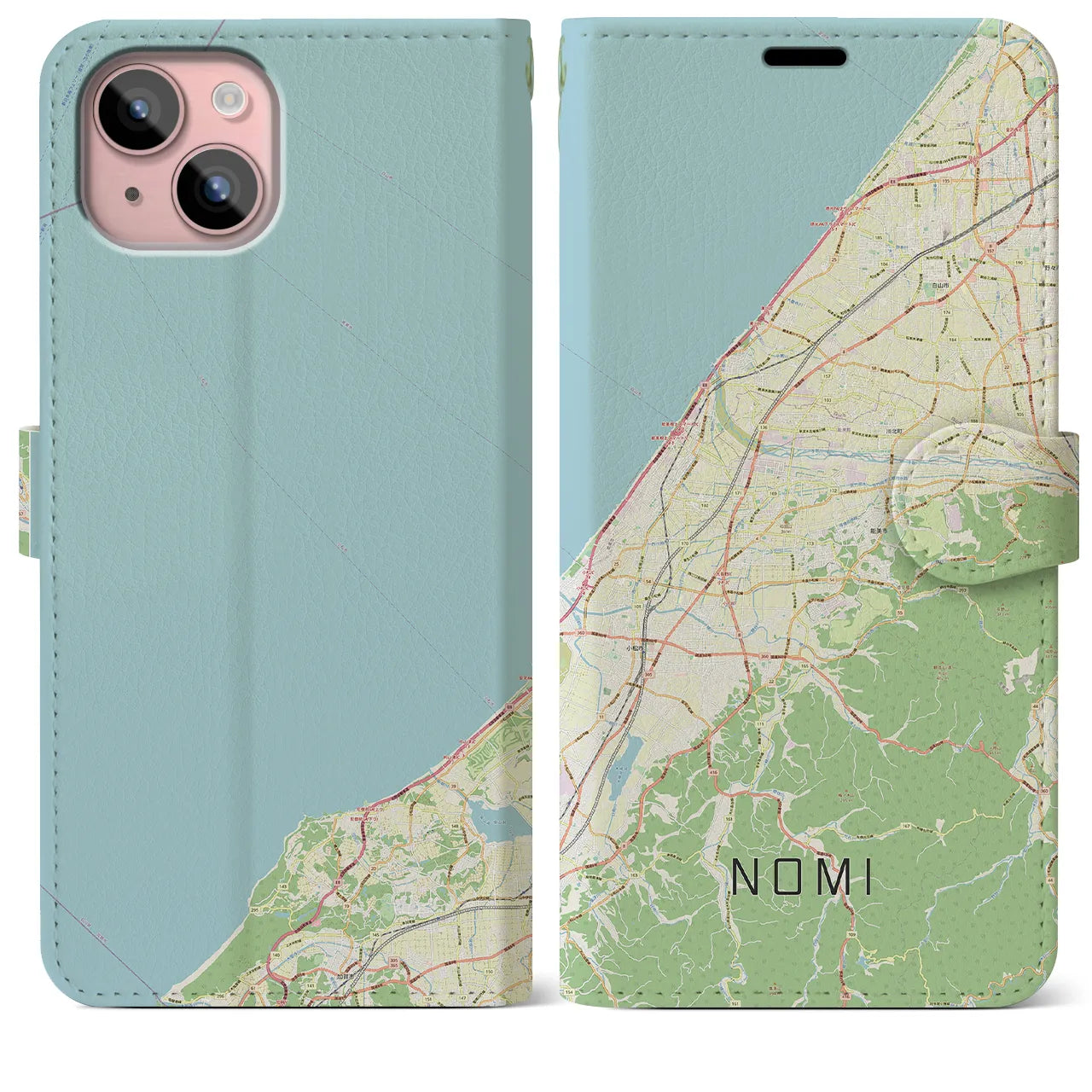 【能美（石川県）】地図柄iPhoneケース（手帳タイプ）ナチュラル・iPhone 15 Plus 用