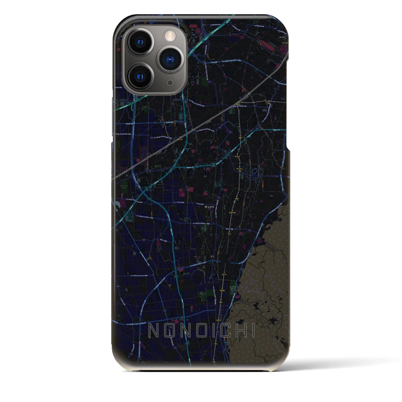 【野々市】地図柄iPhoneケース（バックカバータイプ・ブラック）iPhone 11 Pro Max 用