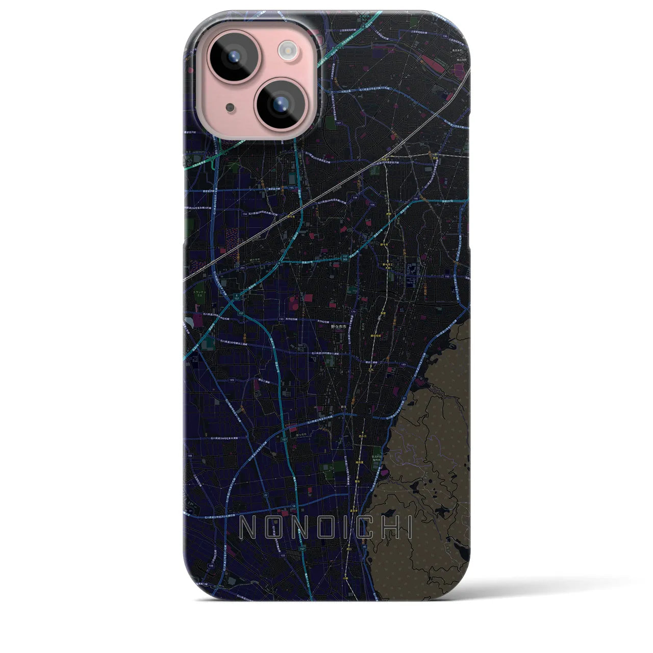 【野々市】地図柄iPhoneケース（バックカバータイプ・ブラック）iPhone 15 Plus 用