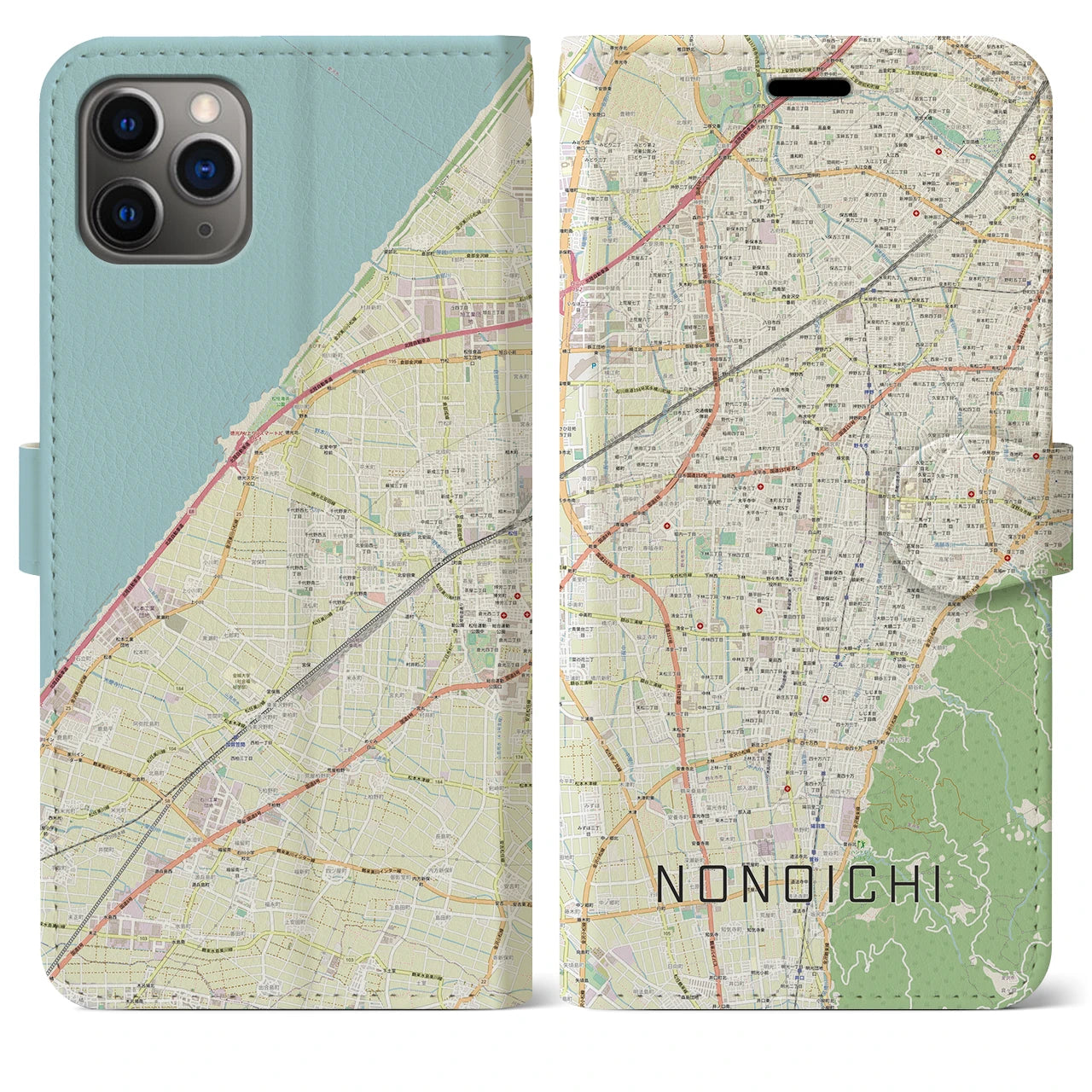 【野々市】地図柄iPhoneケース（手帳両面タイプ・ナチュラル）iPhone 11 Pro Max 用