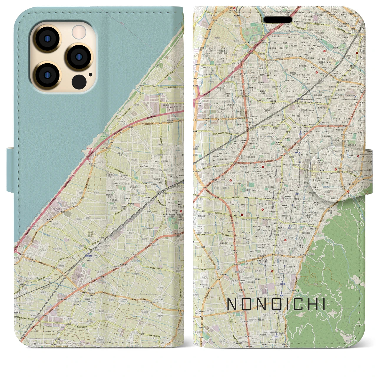 【野々市】地図柄iPhoneケース（手帳両面タイプ・ナチュラル）iPhone 12 Pro Max 用