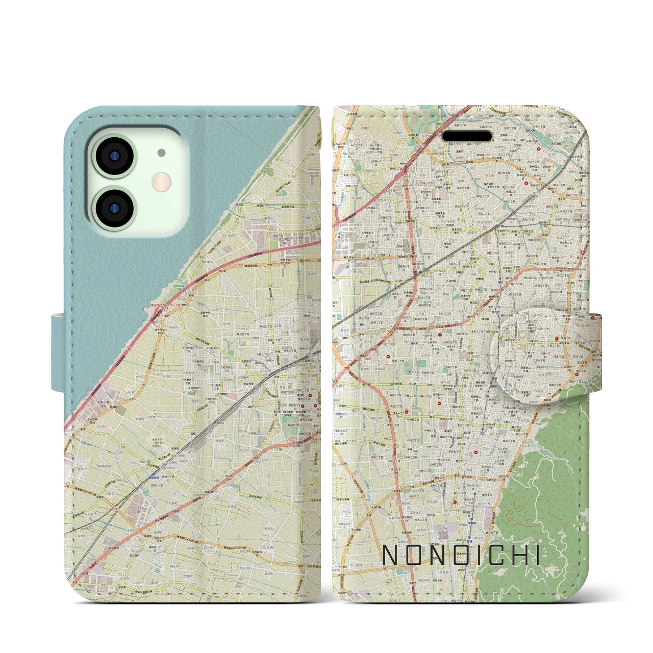 【野々市】地図柄iPhoneケース（手帳両面タイプ・ナチュラル）iPhone 12 mini 用