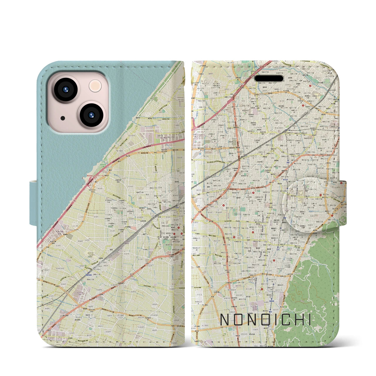 【野々市】地図柄iPhoneケース（手帳両面タイプ・ナチュラル）iPhone 13 mini 用