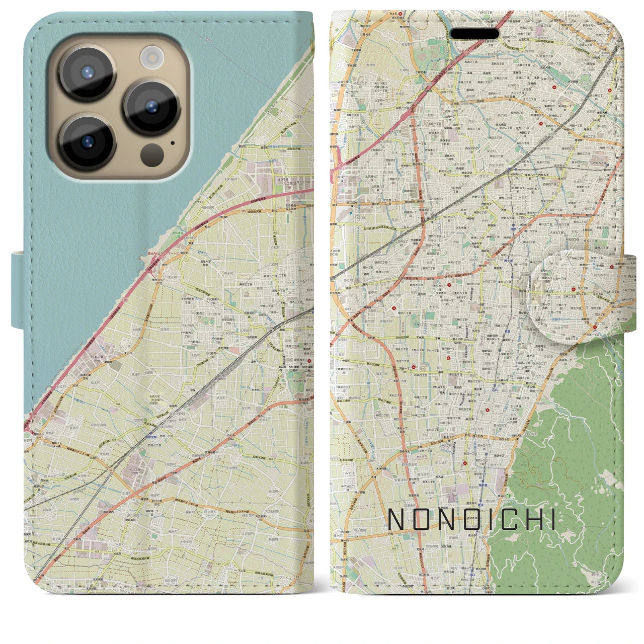 【野々市】地図柄iPhoneケース（手帳両面タイプ・ナチュラル）iPhone 14 Pro Max 用