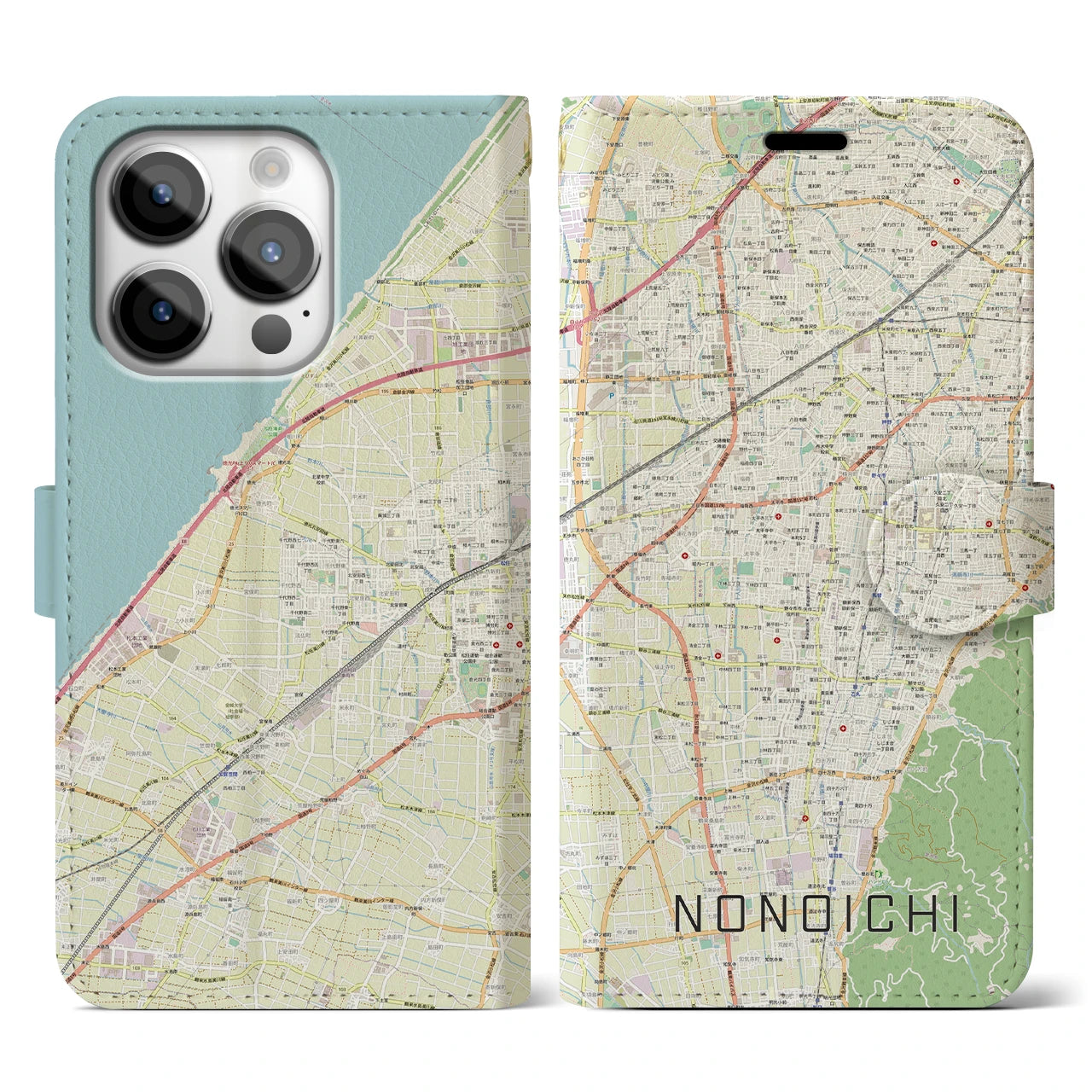 【野々市】地図柄iPhoneケース（手帳両面タイプ・ナチュラル）iPhone 14 Pro 用