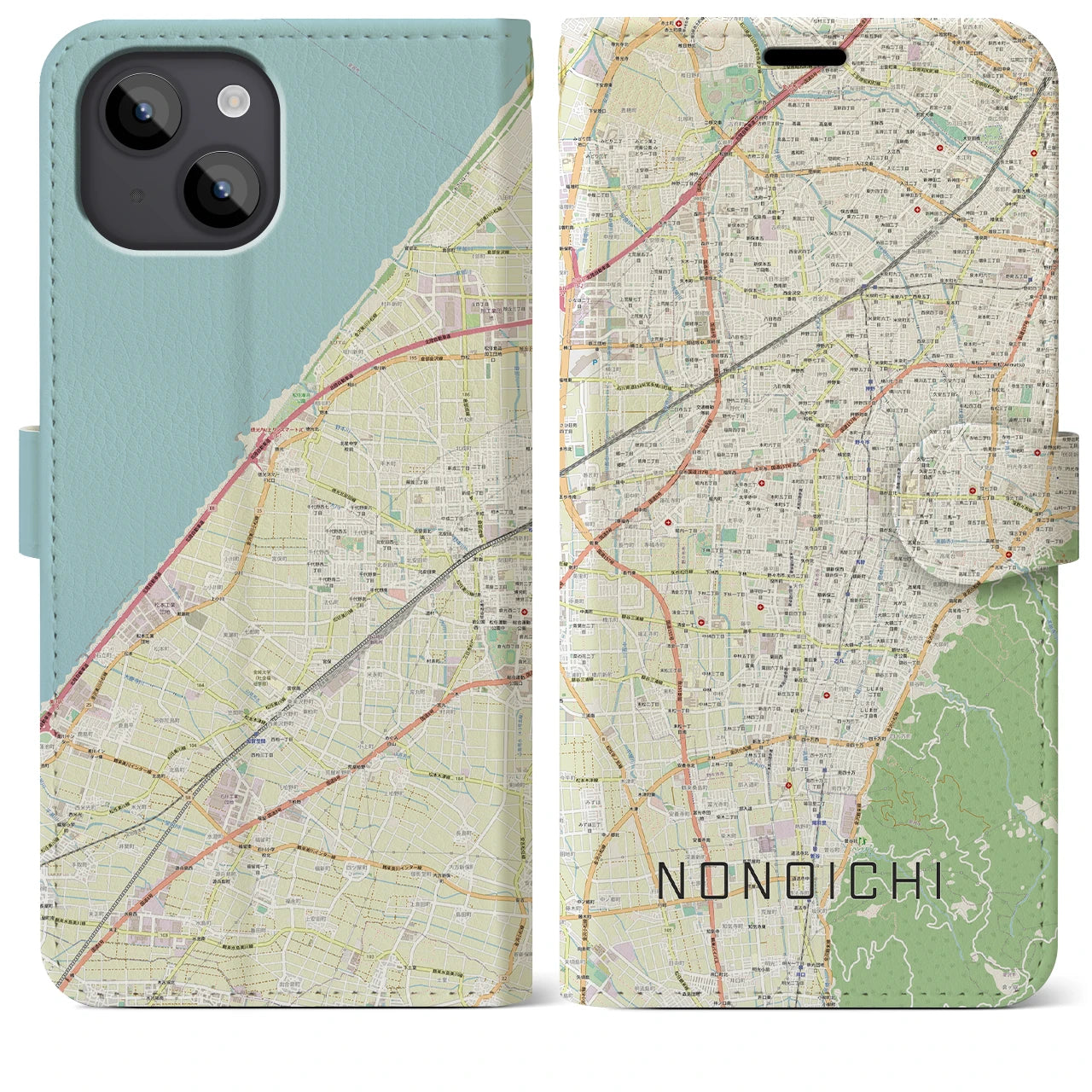 【野々市】地図柄iPhoneケース（手帳両面タイプ・ナチュラル）iPhone 14 Plus 用