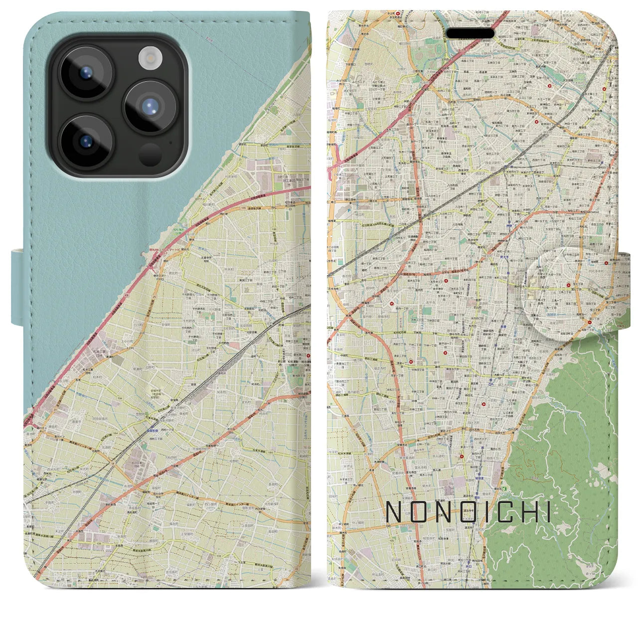 【野々市】地図柄iPhoneケース（手帳両面タイプ・ナチュラル）iPhone 15 Pro Max 用