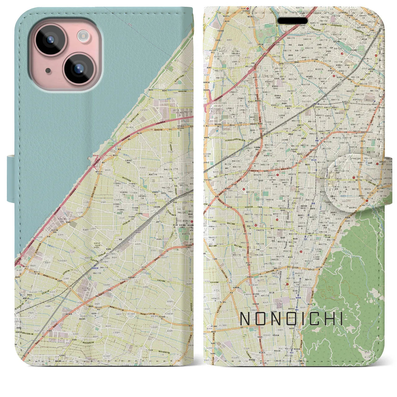 【野々市】地図柄iPhoneケース（手帳両面タイプ・ナチュラル）iPhone 15 Plus 用