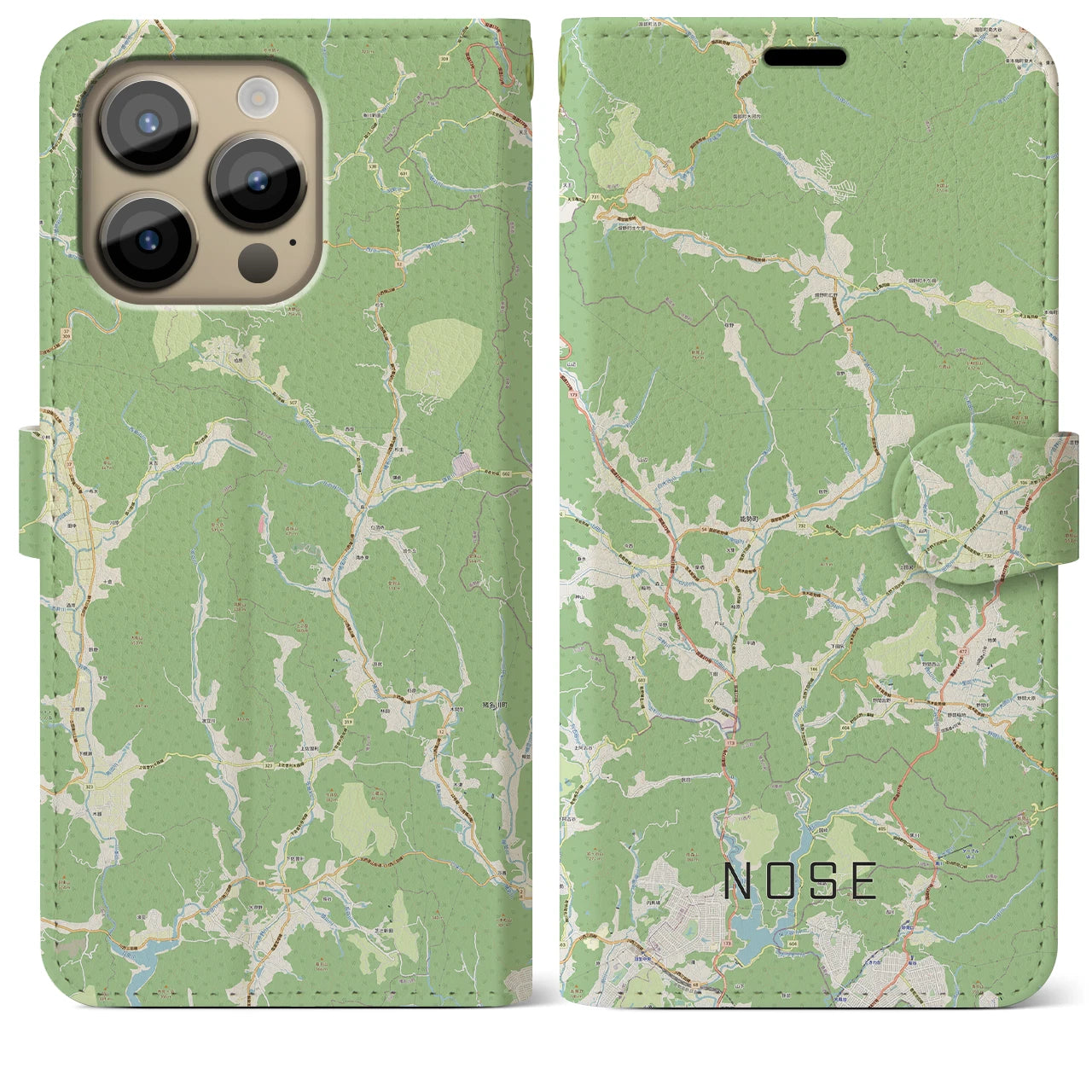 【能勢】地図柄iPhoneケース（手帳両面タイプ・ナチュラル）iPhone 14 Pro Max 用
