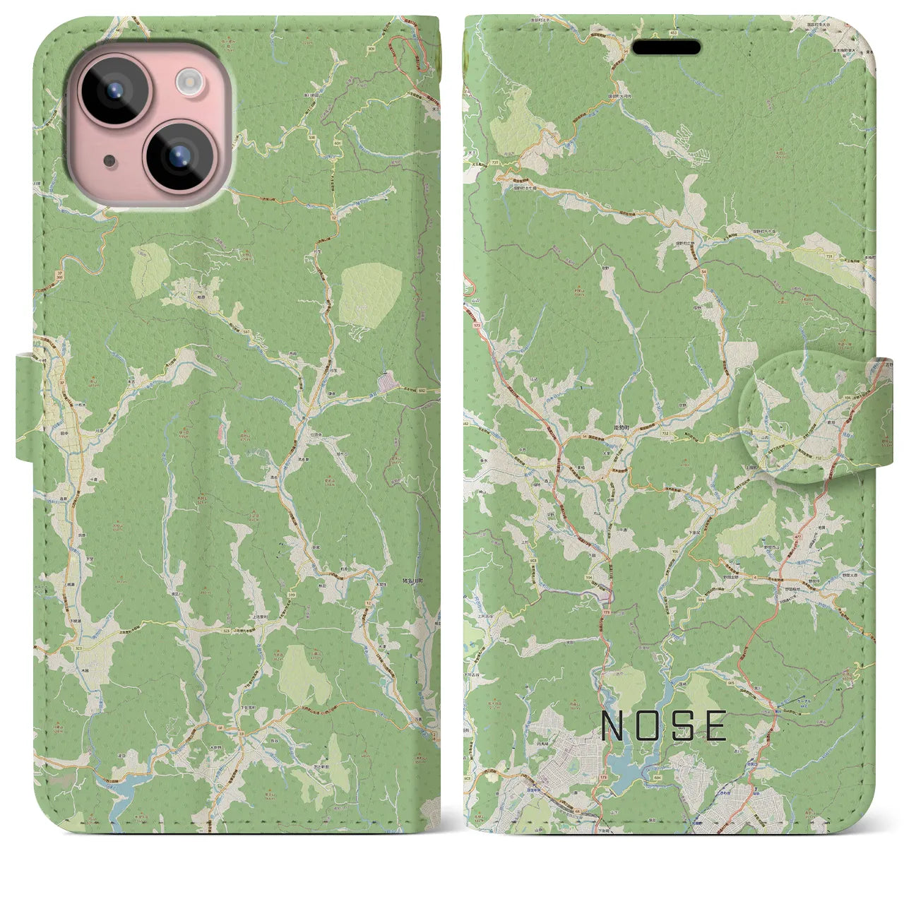 【能勢（大阪府）】地図柄iPhoneケース（手帳タイプ）ナチュラル・iPhone 15 Plus 用