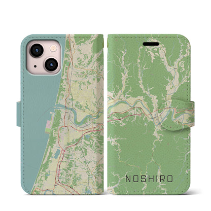 【能代（秋田県）】地図柄iPhoneケース（手帳タイプ）ナチュラル・iPhone 13 mini 用