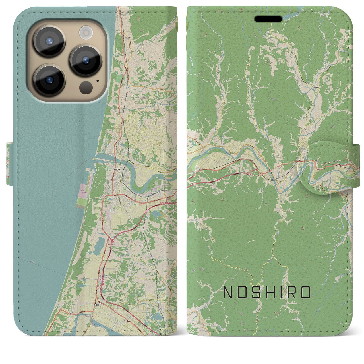 【能代】地図柄iPhoneケース（手帳両面タイプ・ナチュラル）iPhone 14 Pro Max 用
