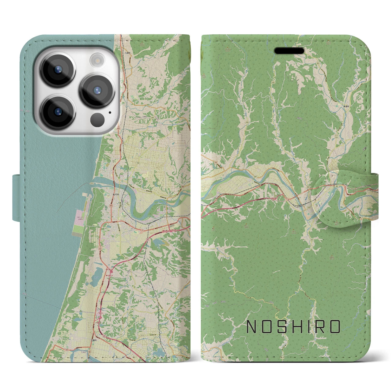 【能代】地図柄iPhoneケース（手帳両面タイプ・ナチュラル）iPhone 14 Pro 用