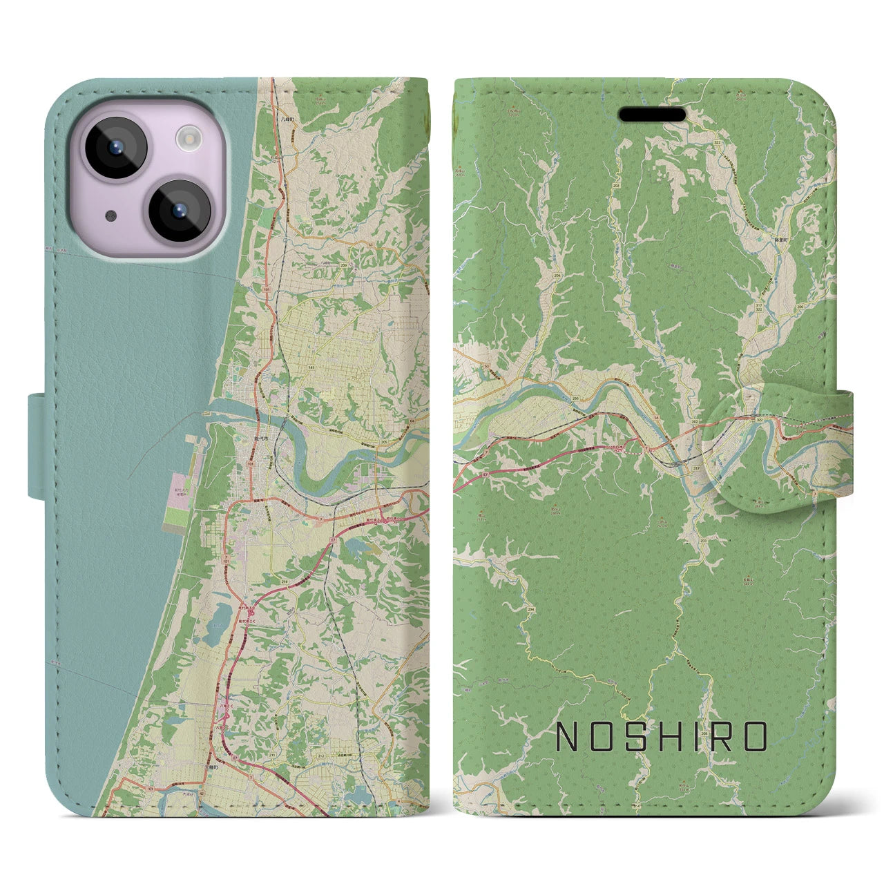 【能代】地図柄iPhoneケース（手帳両面タイプ・ナチュラル）iPhone 14 用