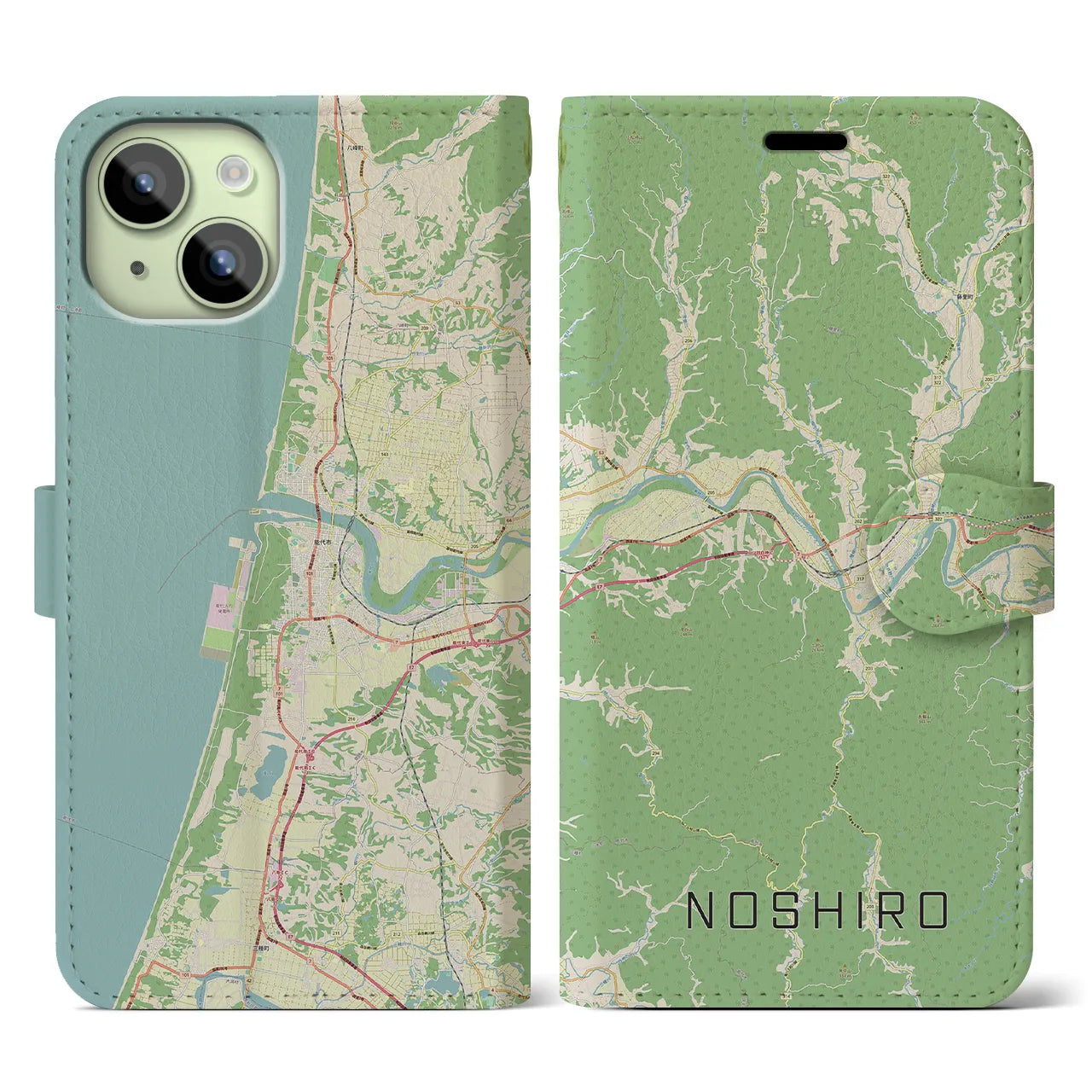 【能代】地図柄iPhoneケース（手帳両面タイプ・ナチュラル）iPhone 15 用