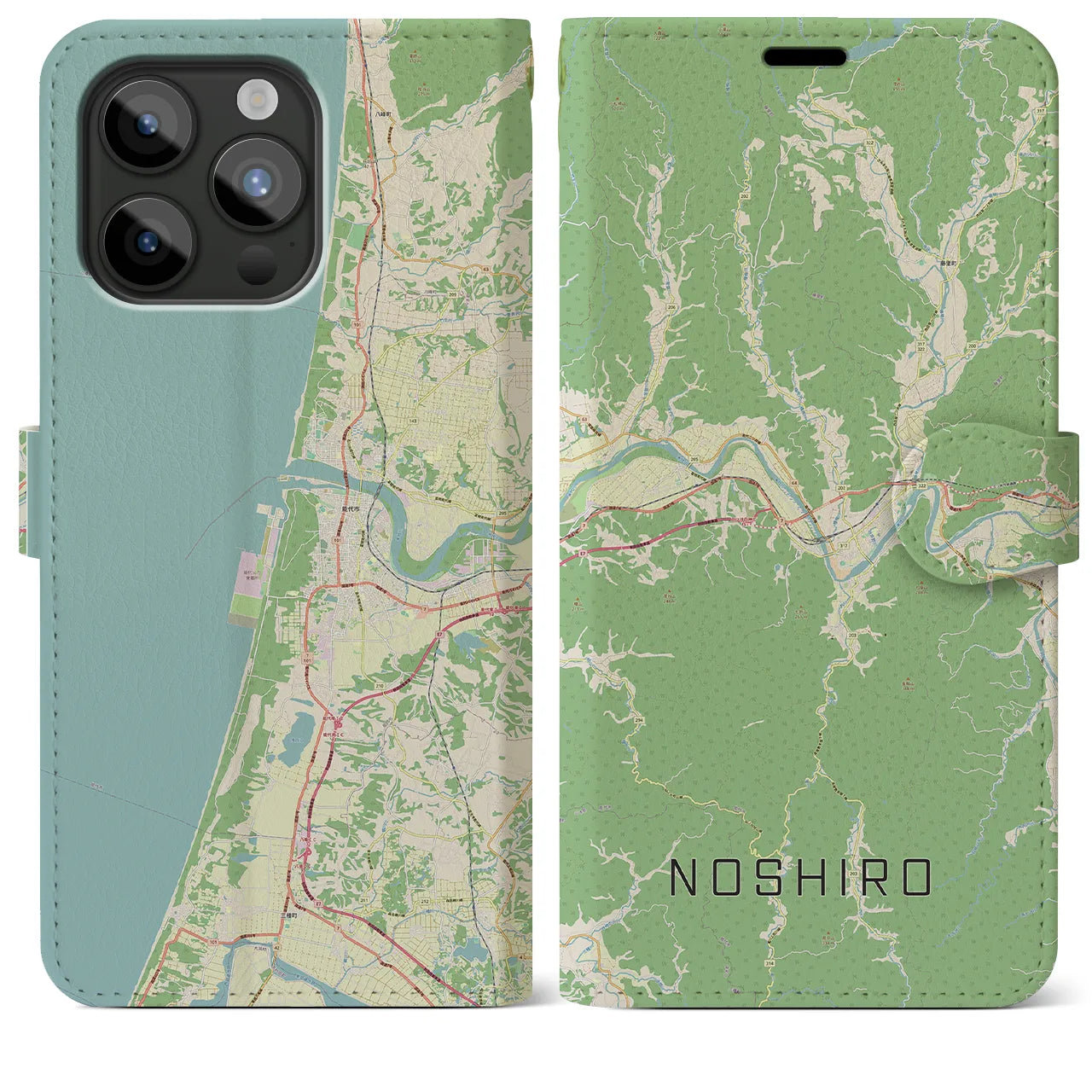 【能代】地図柄iPhoneケース（手帳両面タイプ・ナチュラル）iPhone 15 Pro Max 用