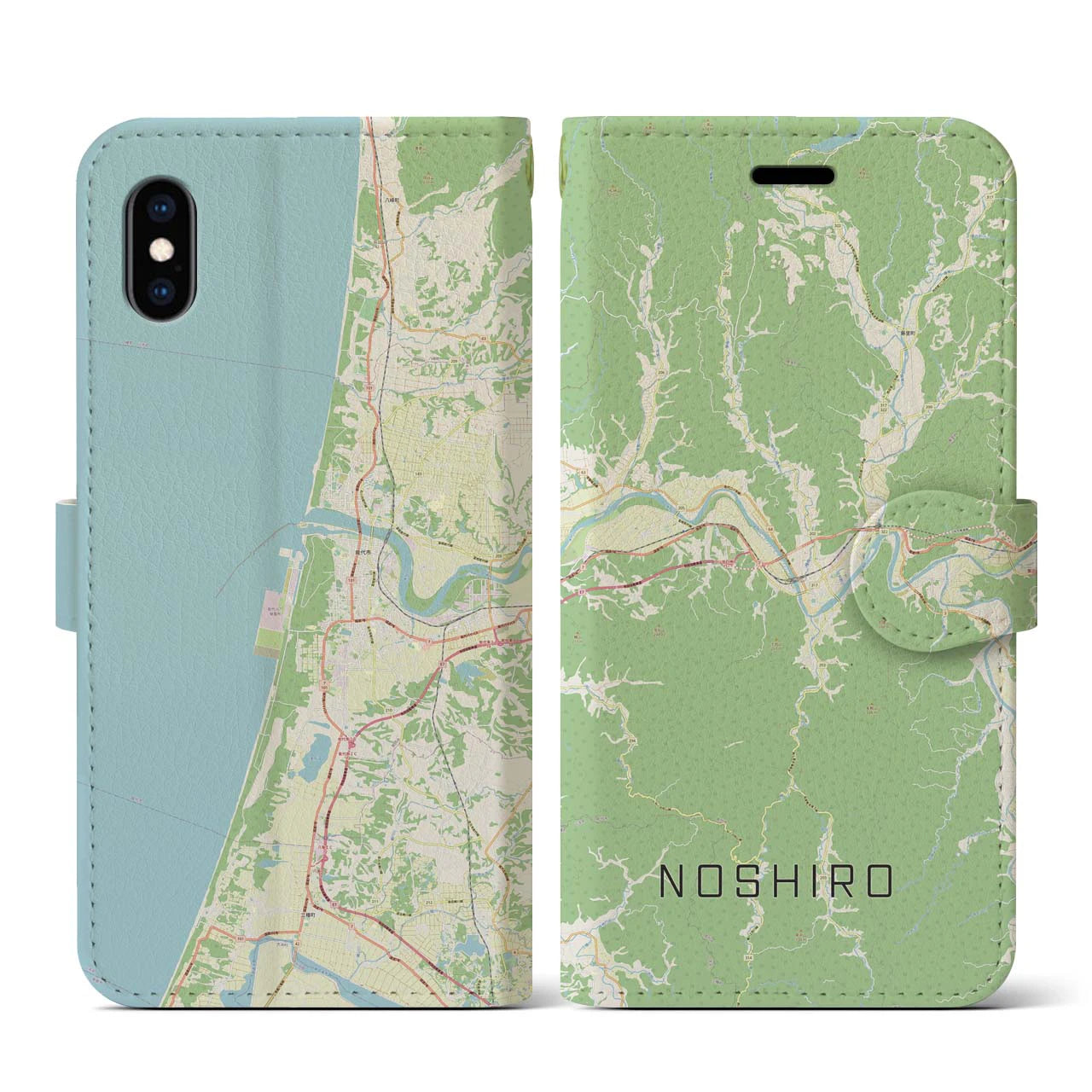 【能代】地図柄iPhoneケース（手帳両面タイプ・ナチュラル）iPhone XS / X 用